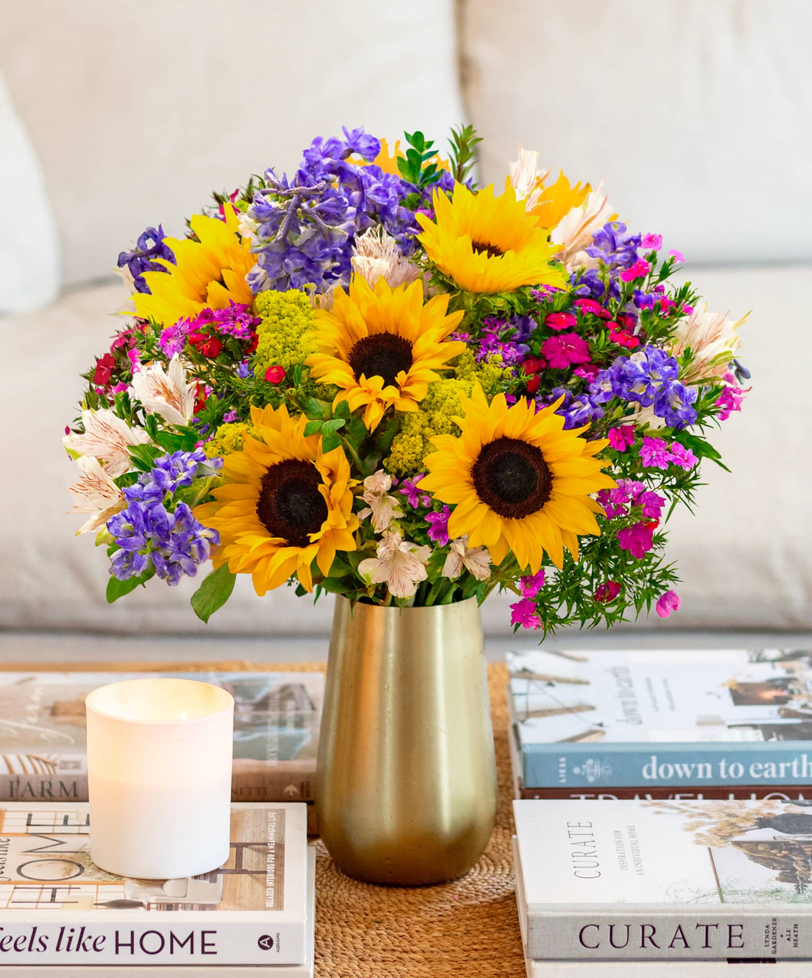 Bright sunflower bouquet with vibrant blooms, perfect for home decor or gifting.