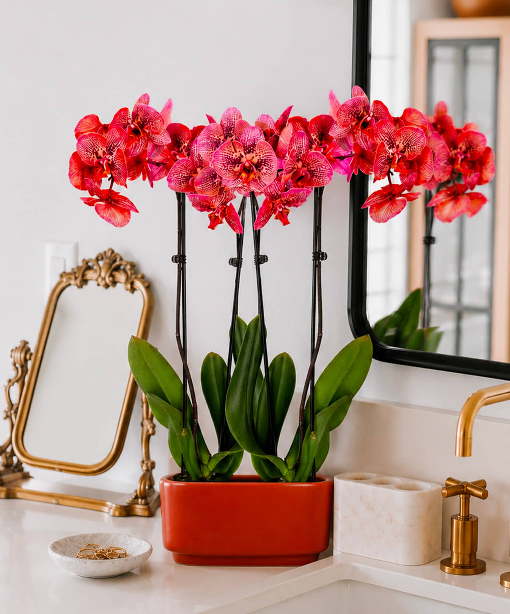Vibrant pink orchids in a stylish pot, adding elegance to a modern bathroom decor.